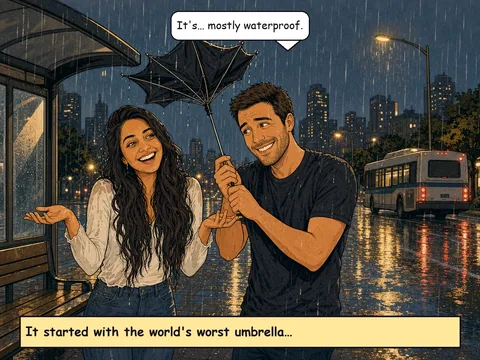 Comic panel: their rainy first meeting under a broken umbrella.