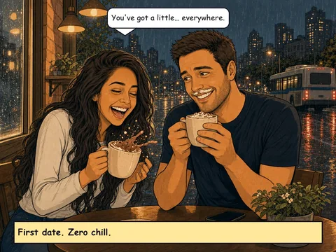 Comic panel: the first date at a cafe, whipped-cream mustache and all.