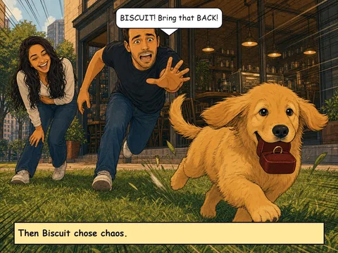 Comic panel: the dog sprinting away with the ring box.