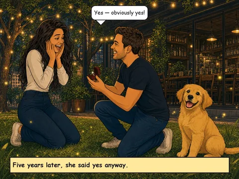 Comic panel: the proposal under fairy lights — she says yes.